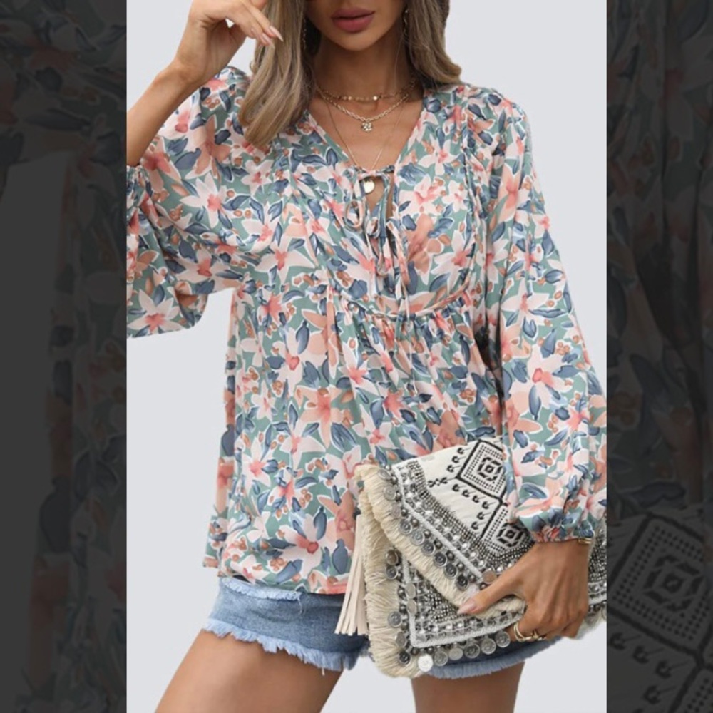 LAST CHANCE SALE!Double Tie Front Boho Floral Print Peasant Long Sleeve Blouse - Picture 11 of 11